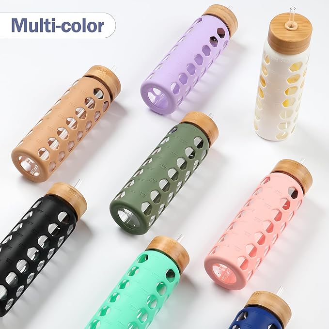 MUKOKO Glass Water Bottles, 24oz Glass Tumbler with Straw, Drinking Bottles with 2 Lids-Handle Spout Lid&Bamboo Straw Lid, Motivational Water Bottle with Time Marker and Silicone Sleeve, 1 Pack-Purple