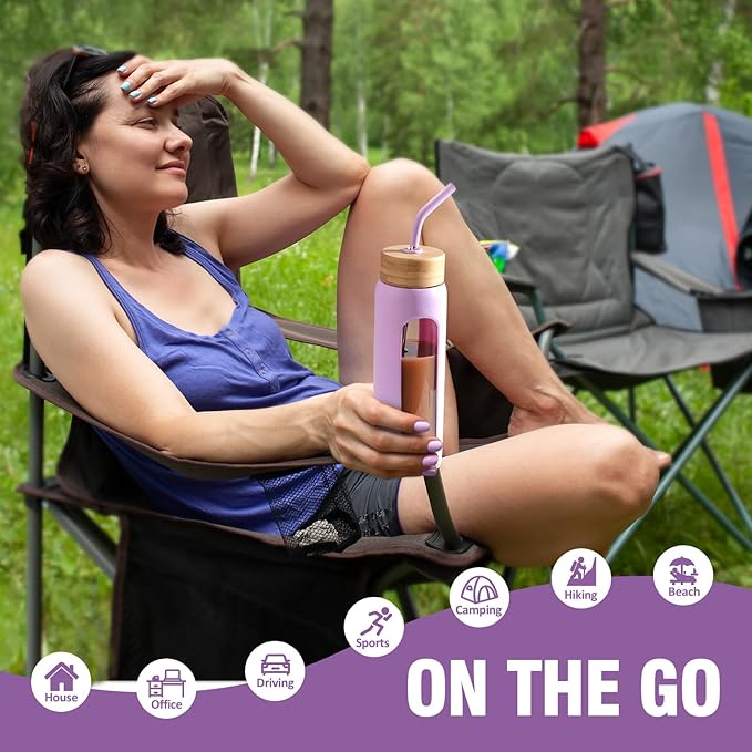 24 oz Glass Water Bottle, Glass Tumbler with Straw, Reusable Drinking Bottles with 2 Lids-Handle Lid&Bamboo Straw Lid, Silicone Sleeve, for Sports, Home,1 Pack-Purple
