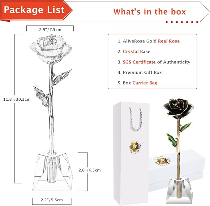 AliveRose Gold White Rose,24k Gold Real Rose Gift for her, Long Stem Rose Made from Real Gold Rose for Anniversary Valentines Mothers Day Birthday (Pearl White with Crystal Vase)