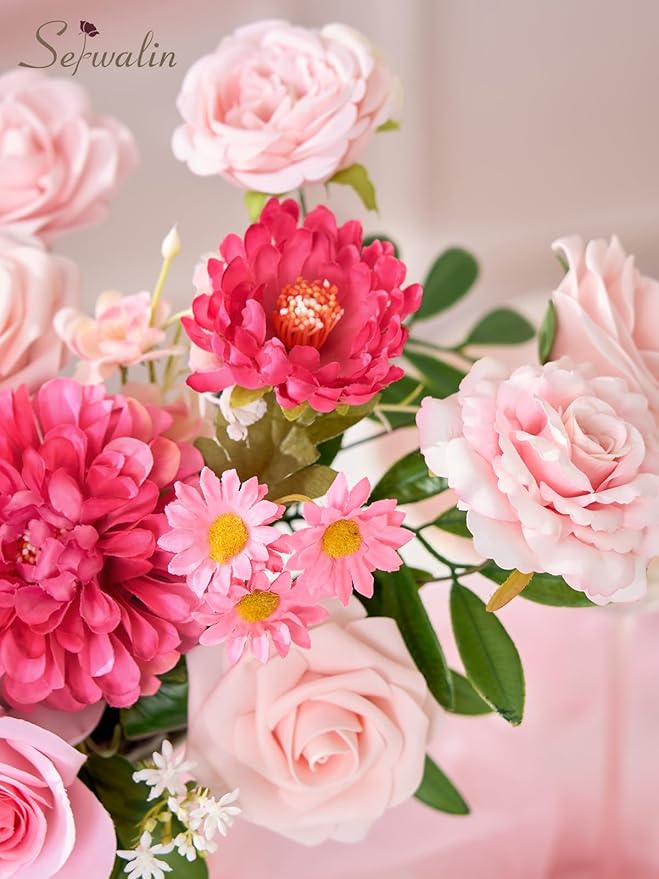 Serwalin Artificial Hot Pink & Magenta Flowers, Fuchsia Silk Fake Flowers, Pastel Pink Faux Flowers for Wedding Bouquet, Table Centerpieces, Home Decor
