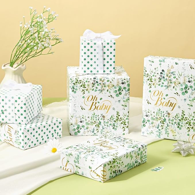 WERNNSAI Green Sage Wrapping Paper - 1 Roll 17”x 16.4 ft Baby Shower Wrapping Paper Green Flower Gift Packing Supply Wedding Bridal Shower Wrap Decor Favor for Baby Girls Birthday Festival Party