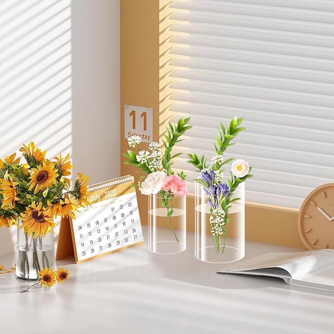 24 Pack Plastic Cylinder Vases, 4 6 8 10 Inch Tall Acrylic Cylinder Clear Flower Vase Set Bulk Glass Like Large Round Plastic Vases for Centerpiece Wedding Home Office