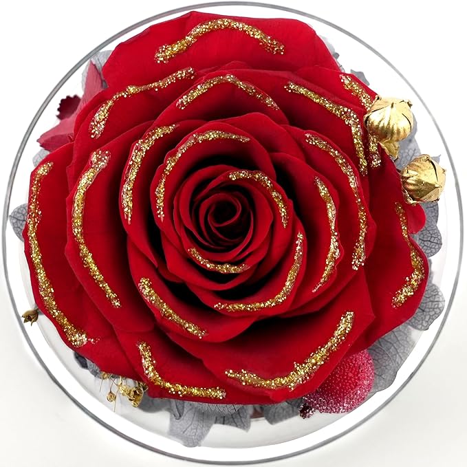 Sunia Preserved Flower Rose Gift for Women - Mother's Day Birthday Gifts for Mom Wife Grandma, Glass Angel Figurines Forever Real Roses Gifts for Her Valentine Day Thanksgiving (Redgold)