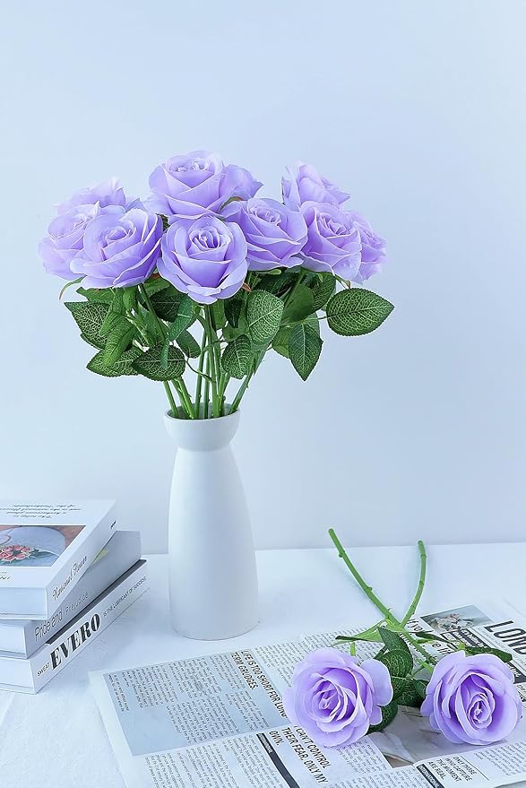 50pcs Lavender Roses Artificial Flowers Lliac Roses Purple Roses Fake Roses Flowers with Long Stems Silk Flowers for Wedding Bouquet Centerpices Decorations Party Bridal Baby Shower