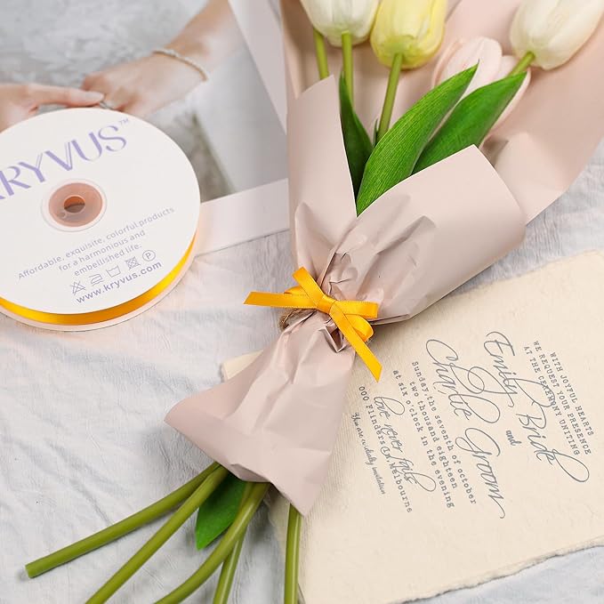 Double Faced Yellow Gold Satin Ribbon, 1/4 Inch X 25 Yards Polyester Ribbon for Gift Package Wrapping, Crafts, Bow Making, Sewing, Flower Bouquet, Wedding Party Decor