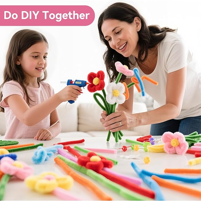 500 Pcs Thick Pipe Cleaners for DIY Flowers & Crafts – 5 Colors Chenille Stems with Glue Guns & Tape Measure – Perfect for Family Fun & Creativity, Holiday & Room Decorations (Pink, 12in x 8mm)