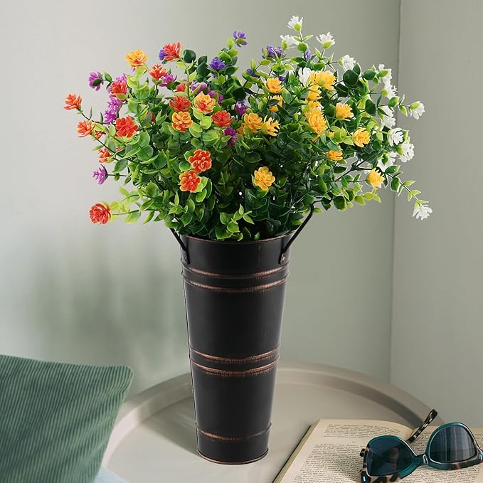 4 Pack 9 Inch Tall Galvanized Flower Bucket, Black Farmhouse French Flower Bucket with Handle, Small Rustic Vintage Metal Vases for Flower, Centerpieces, Floral Arrangements