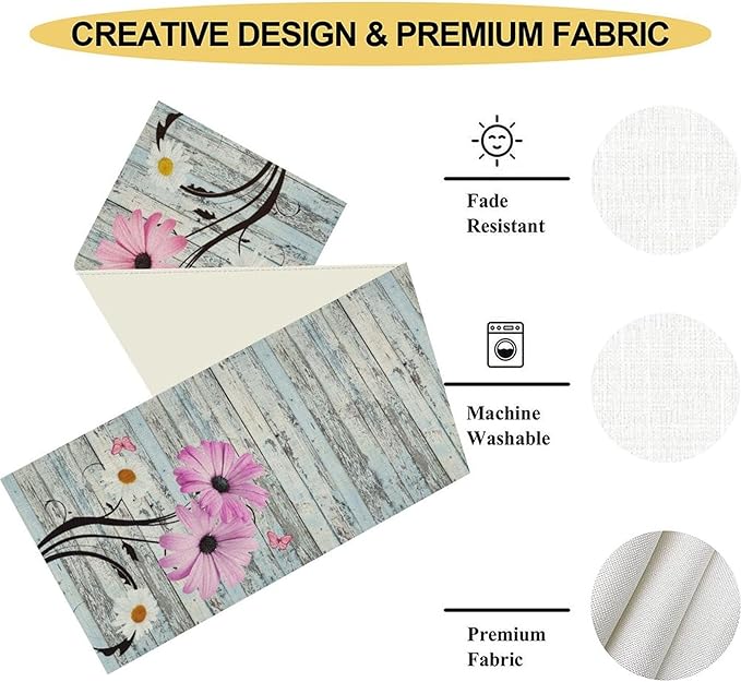 Farmhouse Table Runner, Abstract Daisy Flower Rustic Old Wood Farmhouse Print Table Runner for Home Indoor Outdoor Party Wedding Decor 13x72 inch