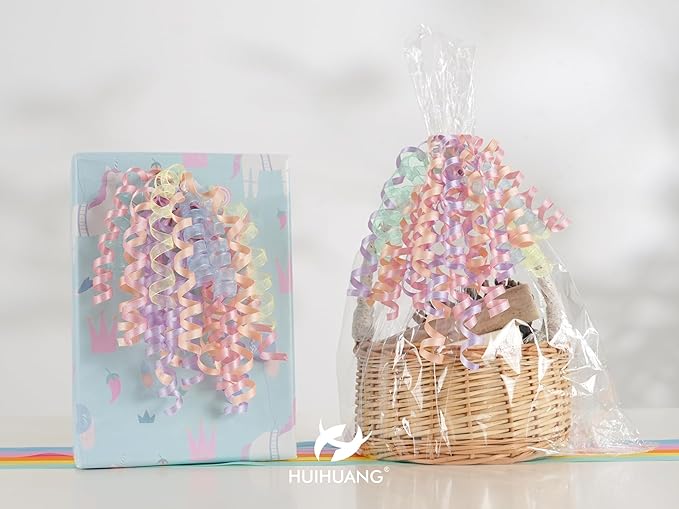 HUIHUANG Pastel Bows for Gift Wrapping 7" Pastel Rainbow Curly Gift Bow Self Adhesive & Twist Tie Ribbon Bows for Presents Gifts Easter Baskets Baby Shower Party Favors- 6 Counts