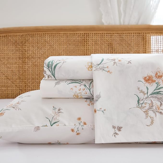 100% Cotton Sheet Set King Size – 4-Piece Shabby Chic Floral Bedding Set, Soft Breathable Percale Weave, Deep Pocket Fitted Sheet 17.5", Crisp Cool Feel, Refined Botanical Elegance
