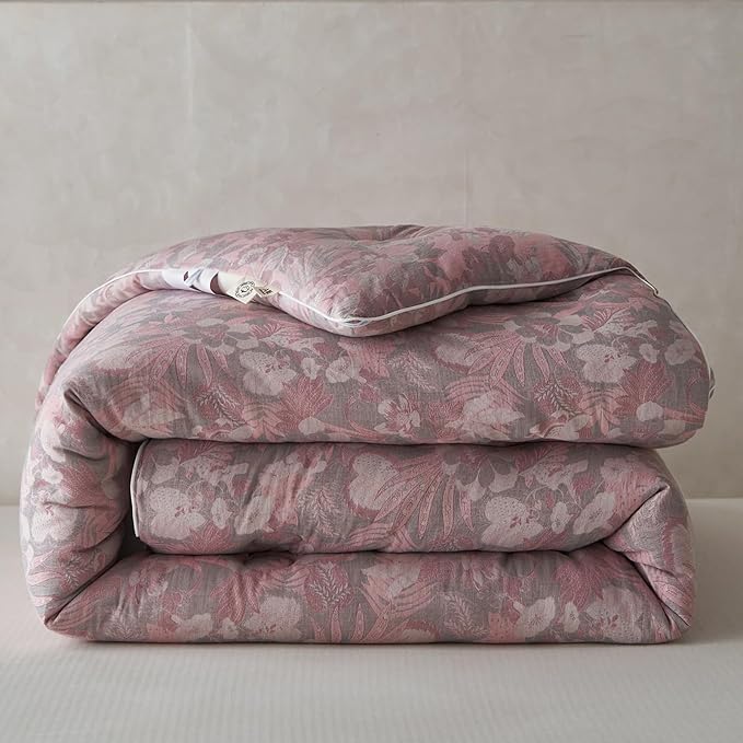 HighBuy Pink Floral Comforter Set Queen Boho Chic Muslin Cotton Bedding Comforter Sets Lightweight Soft & Warm Bed Comforter Queen with 2 Pillowcases for All Season