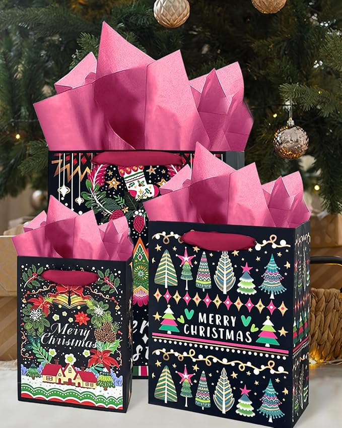 qiqee Christmas Paper Gift Bags with Tissue Paper Handles Assorted Sizes 10PCS Merry Christmas Bags(2pcs Large 13", 4pcs Medium 9", 4pcs Small 6",30pcs Tissue Paper)