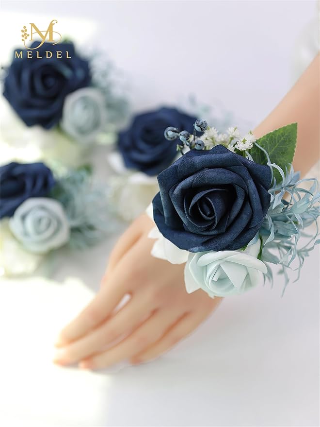 Meldel Navy Blue Wrist Corsage,Set of 6, Homecoming Wrist Flower Girl/Mother Corsages Wristlet Décor Perfect for Bride Bridesmaids Wedding Guests Hand Flower, Proms, Party, Ceremony Anniversary