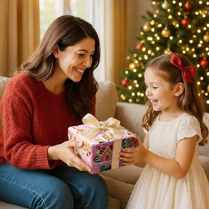 WERNNSAI Christmas Wrapping Paper - 1 Roll 17”x 33 ft Gingerbread House Wrapping Paper Roll Reversible Christmas Tree Gift Wraps for Kids Girls Xmas Winter Holiday Party Pink Polka Dot Design