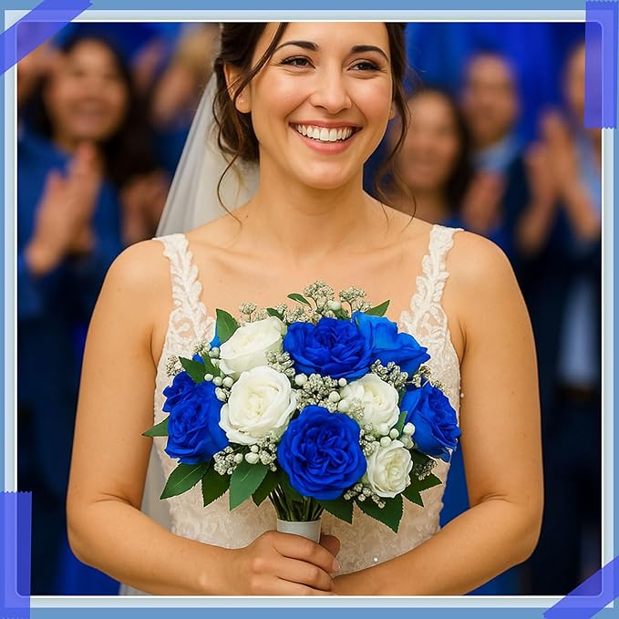 Geosar 8 Bundles Artificial Peonies Flowers Fake Silk Peony Bouquet Faux Peonies Flowers Bulk for Decoration Vase Floral Arrangements Wedding Party Table (Royal Blue,White)