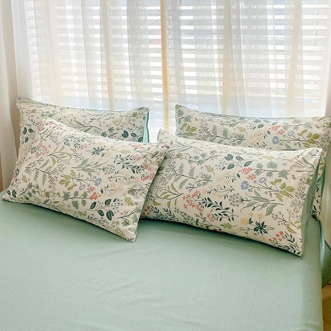 HighBuy Girl Peach Green Flower Duvet Cover Full Soft Cotton Botanical Floral Bedding Set Full Green Garden Cottagecore Comforter Cover with 2 Pillowcases Teen Bedding Sets Ultra Soft