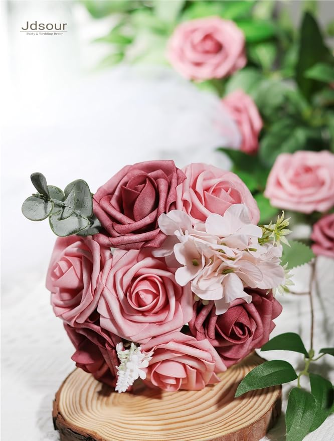 50pcs Artificial Flower,Real Touch Foam Roses w/Stem DIY for Wedding Bouquet Centerpieces Party Shower Home Decor-Shabby Rose Pink