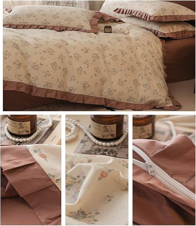 LifeTB Vintage Flower Duvet Cover Set Queen Romantic Girls Ruffle Comforter Cover Princess Lace Bedding Set 100% Cotton Girls Floral Duvet Cover with 2 Pillowcases Botanical Cottagecore Bedding Set