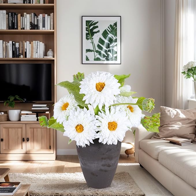 Kimura's Cabin 5Pcs White Artificial Silk Flowers Fake Sunflowers Bouquet Long Stems Faux Sunflower Real Touch Chrysanthemum for Wedding Home Garden Birthday Party Indoor Decor(White)