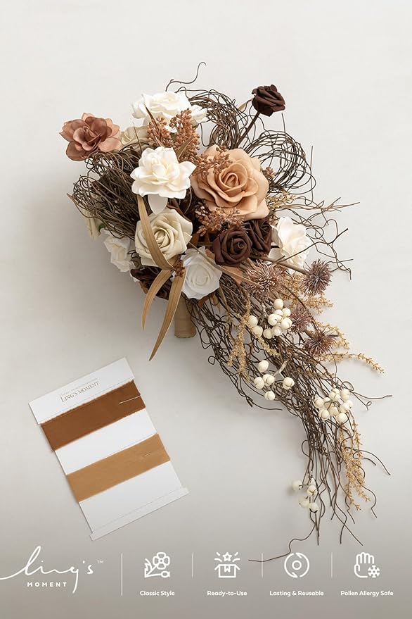 Ling's moment Beige Bridal Bouquet Cascading, Brown Wedding Bouquets for Bride, 13 Inch Bride Bouquets for Wedding Artificial Flowers Bouquets