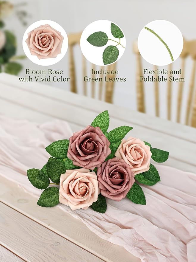 MACTING Artificial Flower Roses Real Touch Fake Flowers with Stem 30PCS Foam Roses for DIY Wedding Bouquet Table Centerpieces Party Holiday Home Spring Valentines Day Decorations(Warm Taupe Nude)