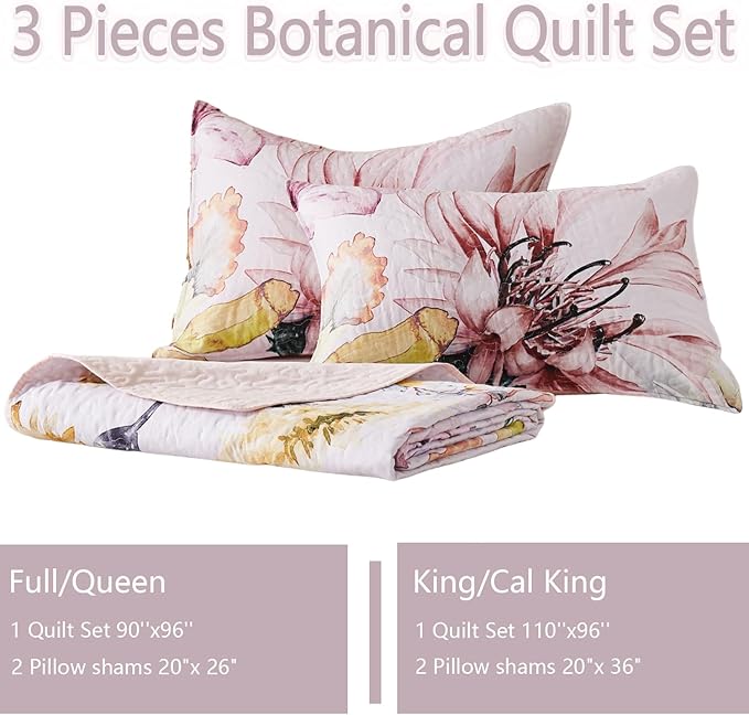 Yogeneg Full Queen Size Quilt Set,Elegant Floral Botanical Pattern Pink Bedding Set,3 Piece Lightweight Soft Summer Bedspread Coverlet with 2 PIillow Sham for All Season(Blush Floral,90"x96")