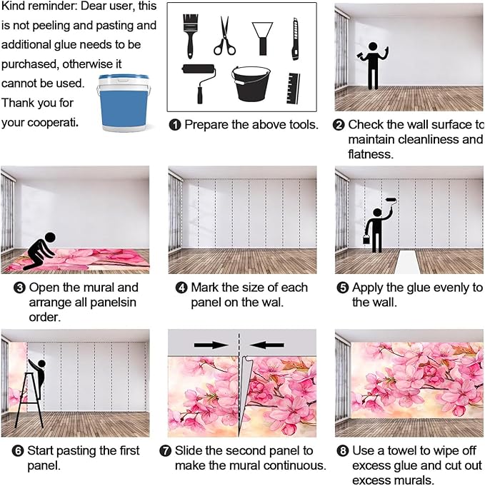 Watercolor Cherry Blossom Wall Mural, Japanese Cherry Blossom 3D Wall Murals, Simple Elegant Flowers Wallpaper Mural, for Living Room Bedroom Large Wallpaper Indoor Decor 78.7" W x55.1 H