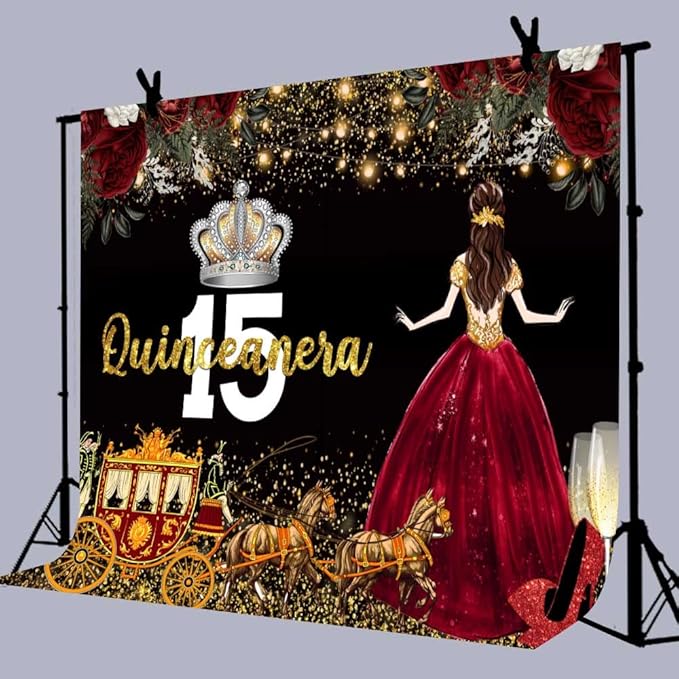 Red Dress Rose Flower Backdrops Quinceanera Birthday Backdrop for Girl Princess Happy 15th Bday Carriage Photography Props Cake Table Banner 7x5ft RBJLSLU36
