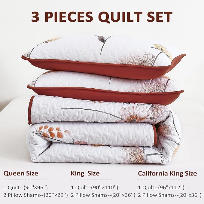 Dinjoy King Size Quilt Set Floral,3 Pieces Burnt Orange & Yellow Quilts Farmhouse Quilt Bedding Sets Lightweight Bedspreads Coverlet Set Summer Quilts for King Bed (110"x90")