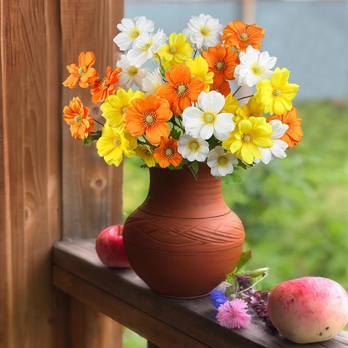6 Pcs Artificial Flowers with Stems Faux Daisy Flowers Bouquet Orange Gardenia Silk Flowers for Home Decor Indoor Vase Outdoors Balcony Table Centerpiece Outside Floral Arrangements Wedding