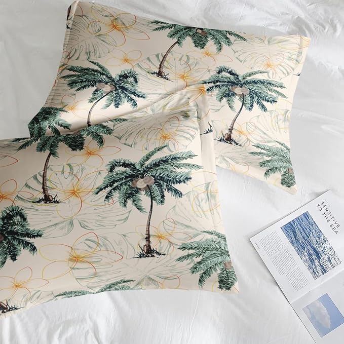Comforter Set Full Size, Tropical Botanical Palm Summer 7 Pcs Bedding for Kids and Adults, Hawaiian Coconut Tree Bed Sheet Sets with Fitted Sheet 2 Pillowcase & 2 Sham for Bedroom Bed Decor