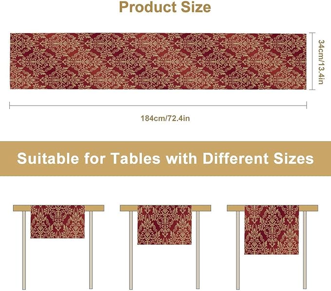 Red Damask Table Runner,Gothic Antique Victorian Floral Boho Table Runner for Home Kitchen Table Dining Garden Farmhouse Wedding Party Decor 13x70 Inch