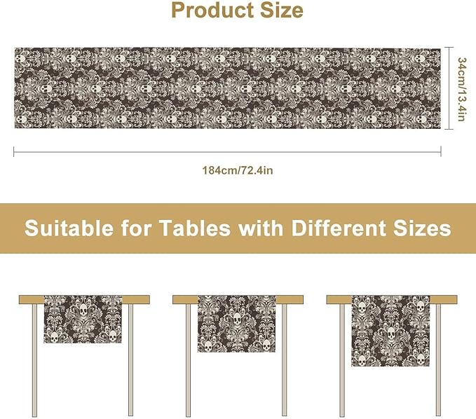 Gothic Table Runner,Damask Skull Victorian Black Floral Boho Table Runner for Home Kitchen Table Dining Garden Farmhouse Wedding Party Decor 13x108 Inch