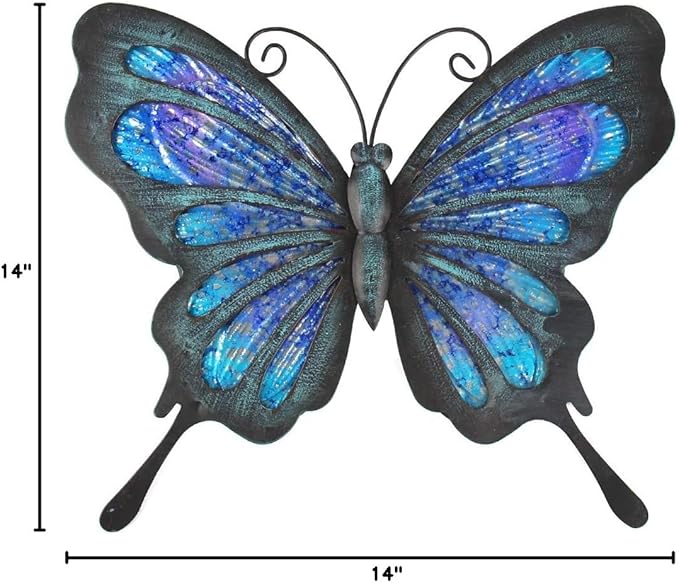 HONGLAND Metal Butterfly Wall Decor Outdoor Indoor Art Sculpture Hanging Glass Decorations Blue for Home Garden Bedroom