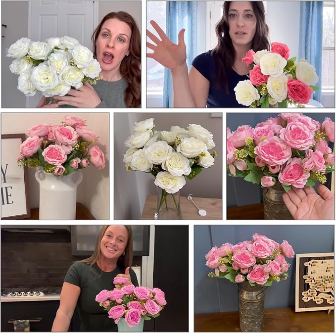 12 Packs Artificial Peonies Silk Flowers: Faux Peony Bouquet 12 Bundles, Fake Peonies Flowers Bulk for Centerpiece Table Wedding Party Home Decor for Christmas Decoration (Rose Red)