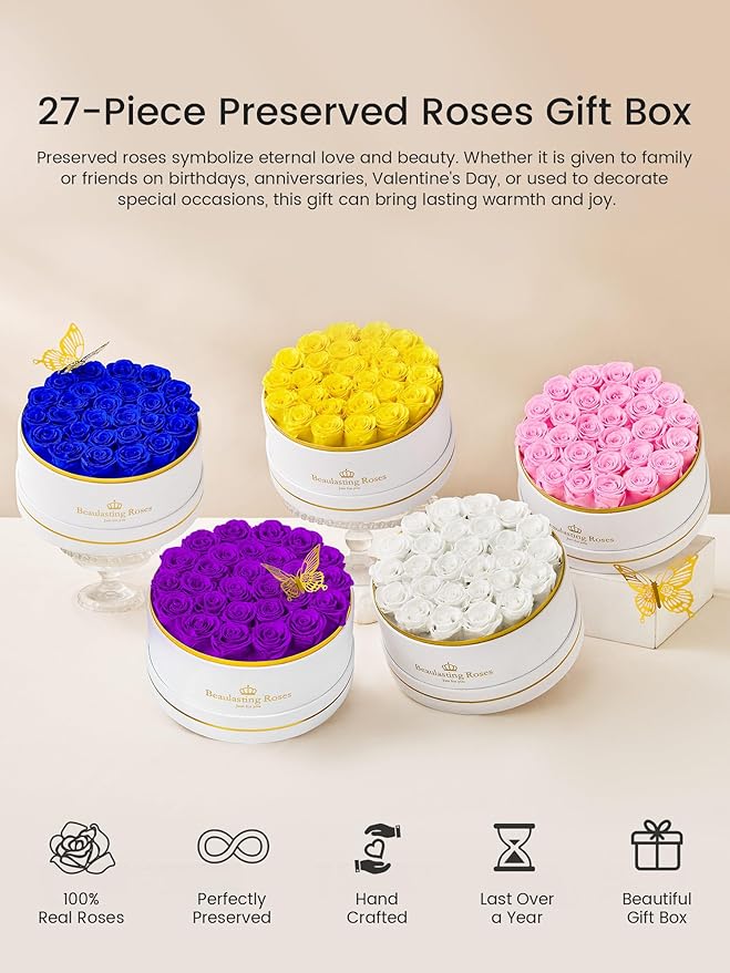 Preserved Roses Forever Flowers Real Roses in a Box Mother's Day Birthday Flowers for Her Mom Women Wife Valentine's Day, 27 Purple Roses