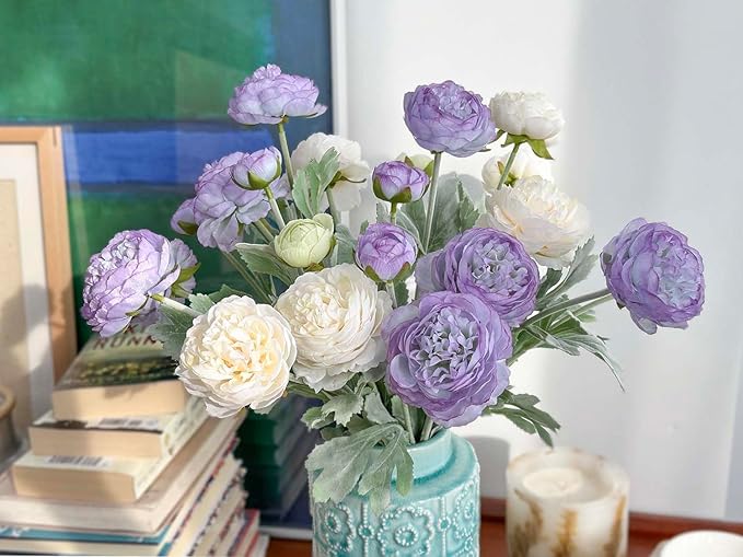 7 pcs Peonies Artificial Flowers, Purple Champagne Ranunculus Artificial Flowers, Fake Peonies for Home Office Centerpiece Table Decorations, Dining Table Centerpiece (Purple+Champagne)