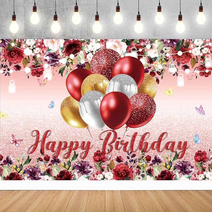 YinQin 180x120 cm Red Golden Flower Happy Birthday Party Photo Backdrops Cloth 71x47 inch Bday Photography Backgrounds Glitter Flower Golden Happy Birthday Sign Banners Decorations for Women Girl
