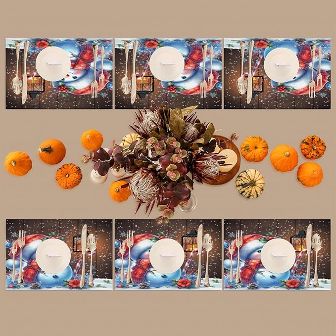 Christmas Art Snowman Snowflake Placemats Set of 4 PVC Vinyl Non Slip Table Mats Heat Resistant Place Mats Washable Wipeable Dining Table Mat for Kitchen Decor Party Indoor Outdoor Decorative Gift