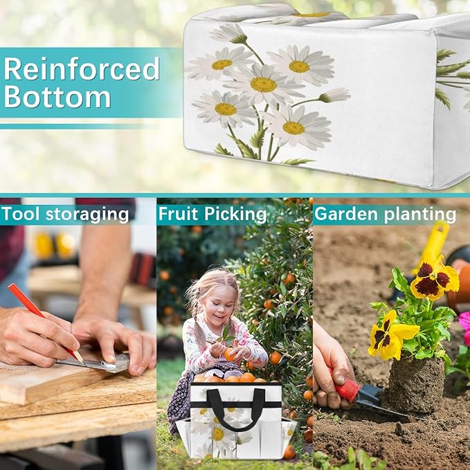 Floral Flower Daisy Garden Tool Tote Bag for Women Men Gardening Tool Storage Bags with 10 Pockets Standable Garden Home Tool Kits Organizer for Indoor Outdoor Gardening Gifts
