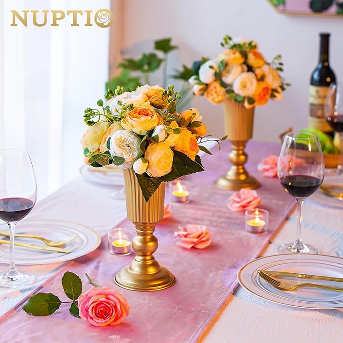 Nuptio Pcs of 10 Flowered Metal Trumpet Vase Elegant Wedding Centerpieces Vase for Party Decoration, 23.2cm/9.13" Tall Artificial Flower Arrangements for Anniversary Ceremony