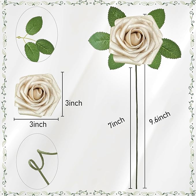 Artificial Flowers, 100pcs Champagne Light Gold Rose for DIY Wedding Bouquets Centerpieces Arrangements, Artificial Rose with Stem for Bridal Shower Party Home Decorations
