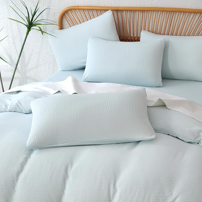 Duvet Cover Set Queen Glacier Blue, 3 Pieces Double-Layer Crinkle Gauze Soft Bedding for All-Season Lightweight Breathable with 2 Pillowcases