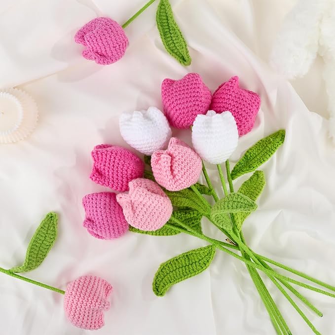 10 Pcs Crochet Tulip Flowers Artificial Flowers Bouquet Finished Handmade Knitted Tulip Bouquets with Leave and Long Stem for Home Centerpieces Decor Valentine's Day Wedding Anniversary (Pink tulips)