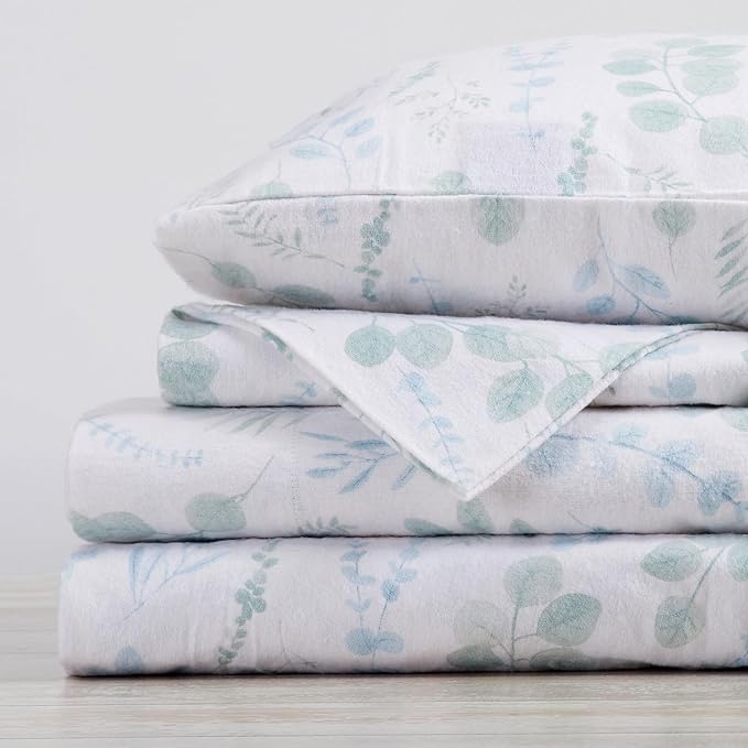 Market & Place 100% Cotton Twin Flannel Sheet Set | 3 Piece Deep Pocket Cozy Winter Floral Bed Sheets | Double Brushed for Extra Softness & Comfort | Alpine Collection (Twin, Eucalyptus Leaves)