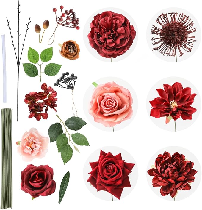 Floweroyal Artificial Flowers Combo Burgundy Flowers Mix Silk Flowers Dahlia Roses with Stems for DIY Wedding Bridal Bouquets, Baby Shower, Floral Arrangement, Table Centerpieces, Home Decorations.