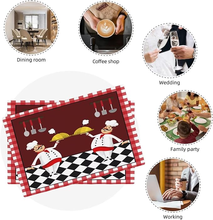 Fat Chef Kitchen Linen Placemats Set of 6 Red Plaid Cooking Theme Placemats for Indoor Outdoor Party Home Desktop Dining Room Decor 12x18 Inch