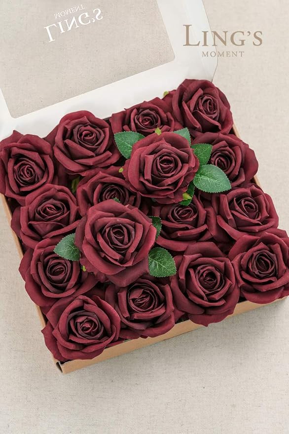 Ling's moment Artificial Burgundy Flowers, 16pcs Faux Silk Roses with Stems, 3.5" Fake Wine Red Flowers Bulk for DIY Wedding Bouquets Centerpieces Party Baby Shower Home Decoration