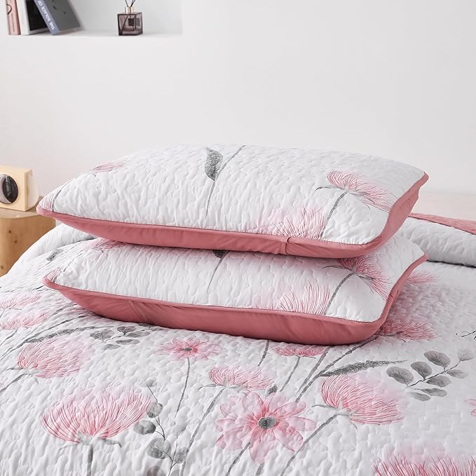Dinjoy King Size Quilt Set Floral,3 Piece Pink/Blush Farmhouse Bedding Set Lightweight Flower Bedspreads White Coverlet Bed Sets Cute Fall Quilts for All Season(110"x90")