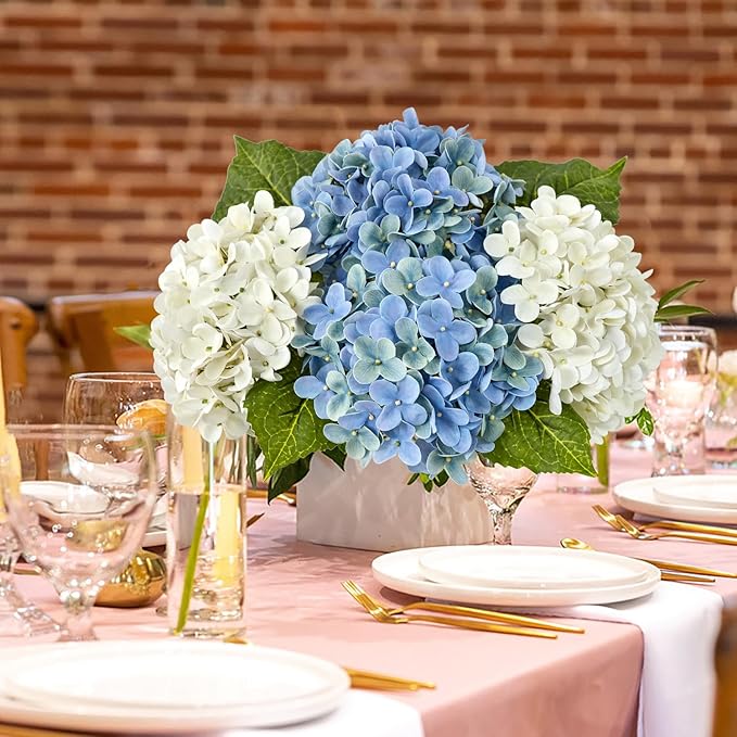 4Pcs Hydrangea Artificial Flowers, 20" Lifelike Latex Silk Real Touch Faux Hydrangea Flowers, Artificial Hydrangeas Bouquet for Wedding Centerpieces Tables Party Home (Blue)